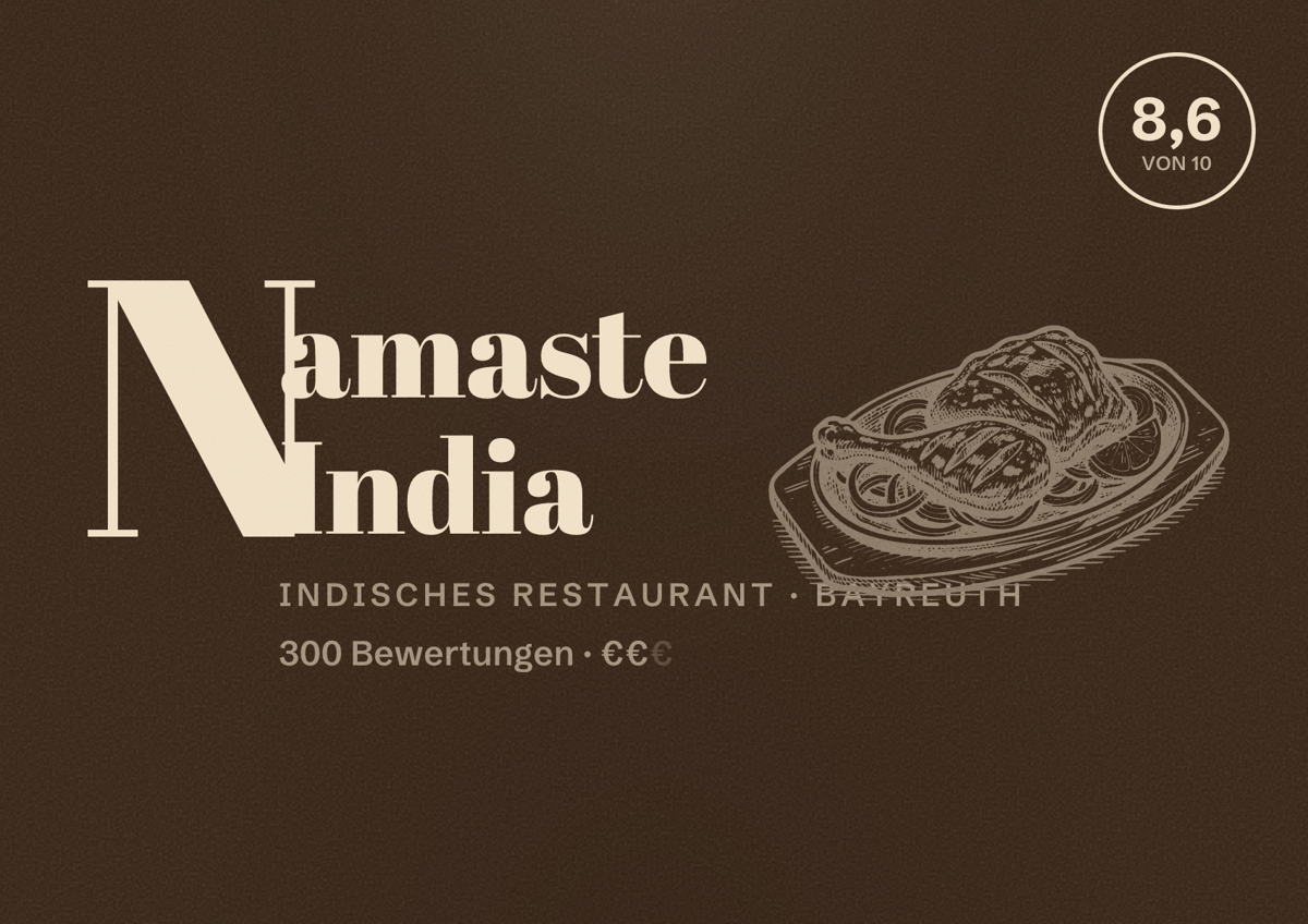 Illustriertes Poster von Namaste India, Indisches Restaurant in Bayreuth: Bewertung 8,6 von 10 aus 300 Bewertungen, Preisniveau €€