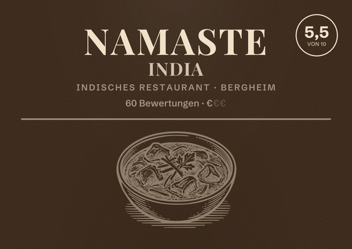 Illustriertes Poster von NAMASTE INDIA, Indisches Restaurant in Bergheim: Bewertung 5,5 von 10 aus 60 Bewertungen, Preisniveau €