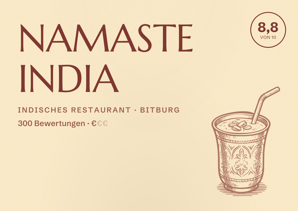 Illustriertes Poster von NAMASTE INDIA, Indisches Restaurant in Bitburg: Bewertung 8,8 von 10 aus 300 Bewertungen, Preisniveau €