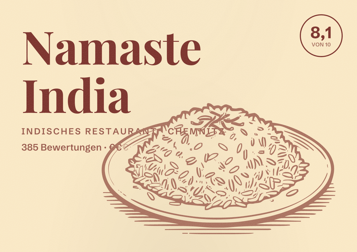 Illustriertes Poster von Namaste India, Indisches Restaurant in Chemnitz: Bewertung 8,1 von 10 aus 385 Bewertungen, Preisniveau €€