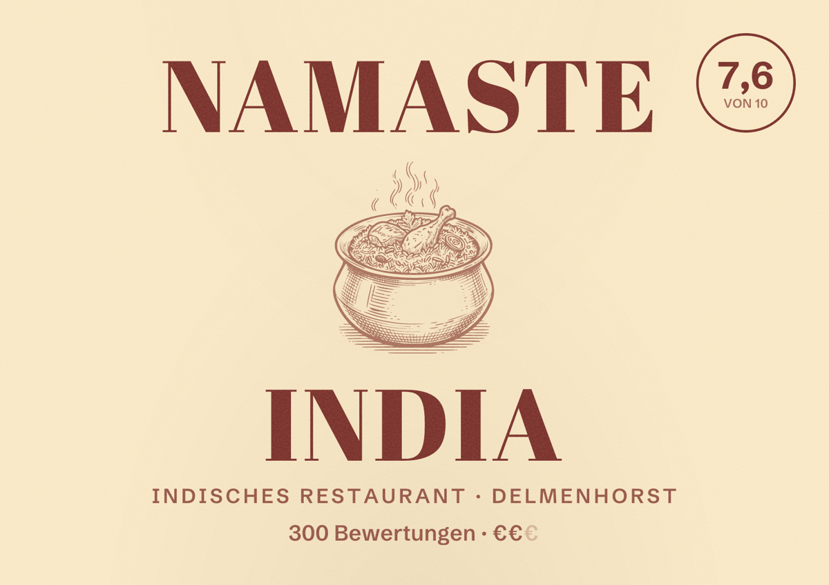 Illustriertes Poster von Namaste India, Indisches Restaurant in Delmenhorst: Bewertung 7,6 von 10 aus 300 Bewertungen, Preisniveau €€
