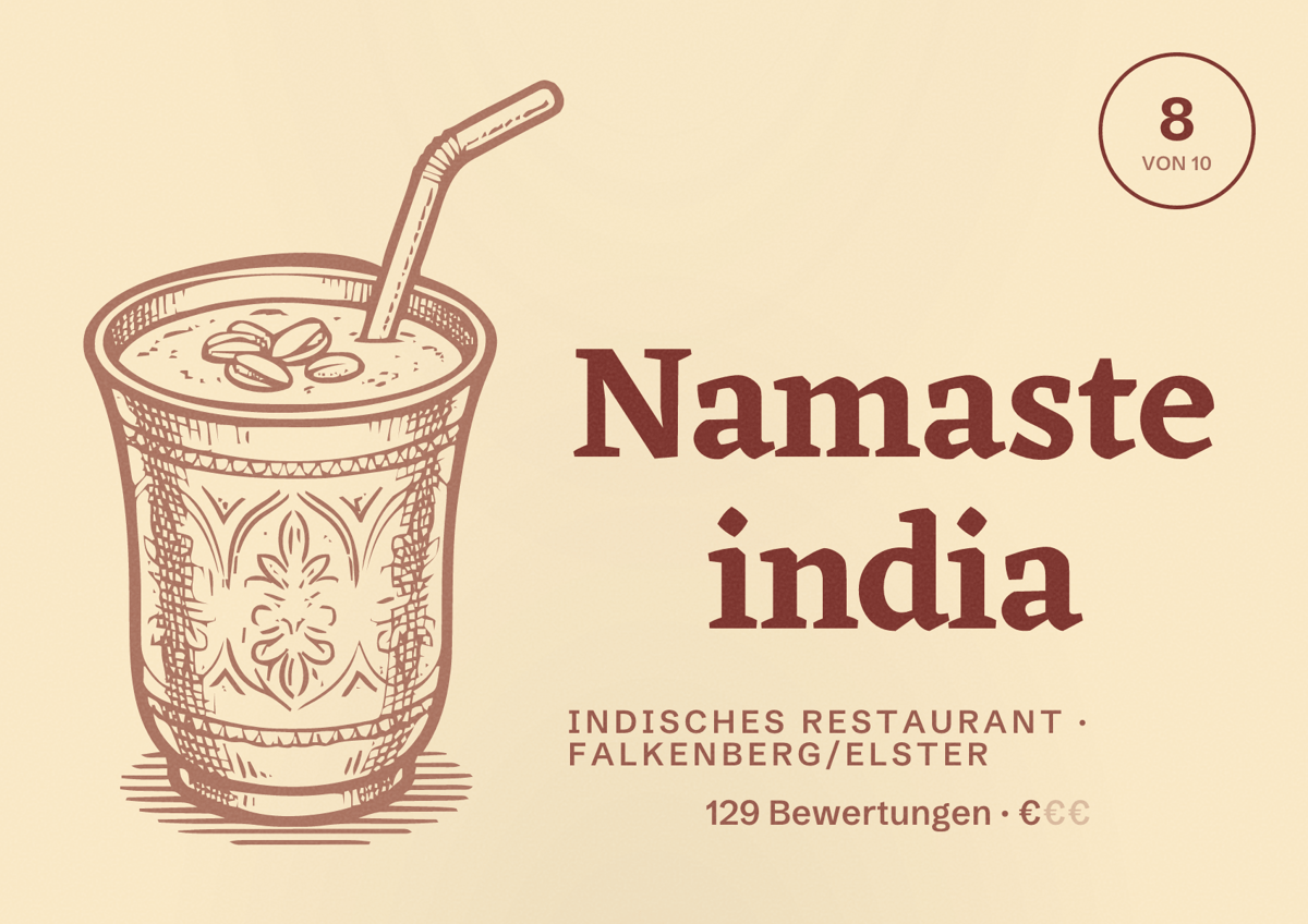 Illustriertes Poster von Namaste india, Indisches Restaurant in Falkenberg/Elster: Bewertung 8 von 10 aus 129 Bewertungen, Preisniveau €