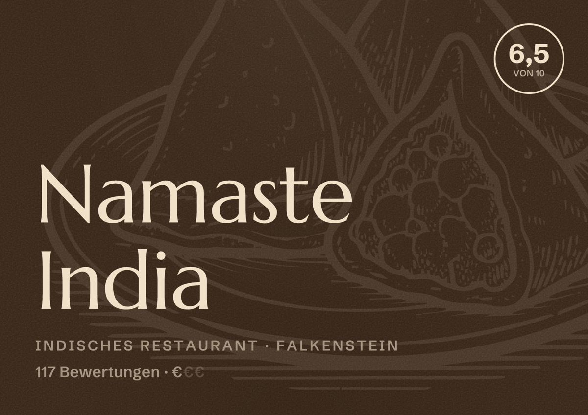 Illustriertes Poster von Namaste India, Indisches Restaurant in Falkenstein: Bewertung 6,5 von 10 aus 117 Bewertungen, Preisniveau €