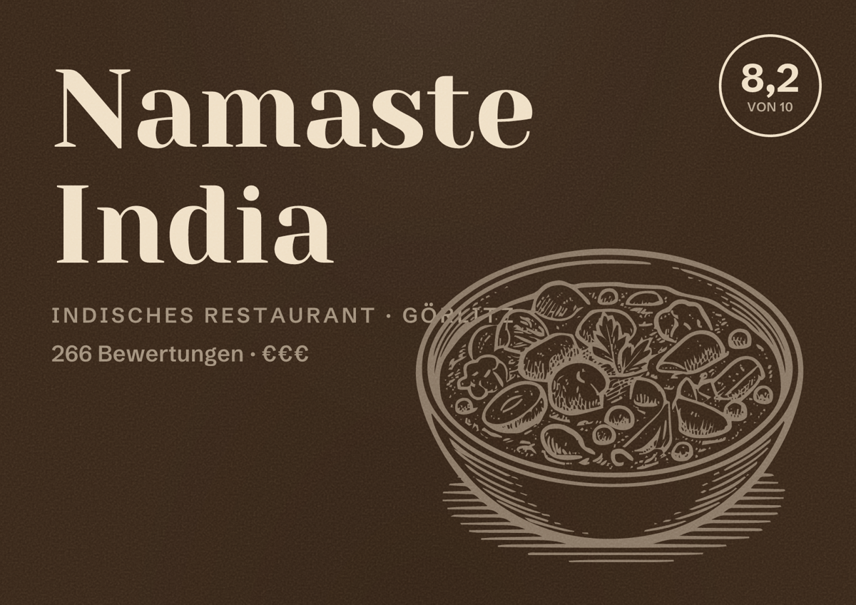 Illustriertes Poster von Namaste India, Indisches Restaurant in Görlitz: Bewertung 8,2 von 10 aus 266 Bewertungen, Preisniveau €€€