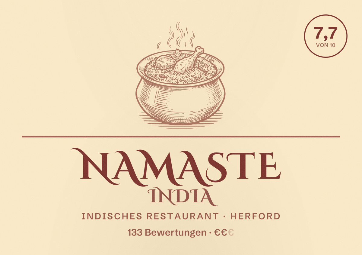 Illustriertes Poster von Namaste India, Indisches Restaurant in Herford: Bewertung 7,7 von 10 aus 133 Bewertungen, Preisniveau €€