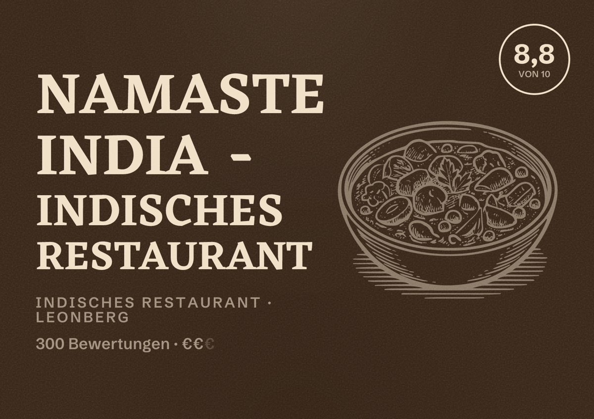 Illustriertes Poster von Namaste India - Indisches Restaurant, Indisches Restaurant in Leonberg: Bewertung 8,8 von 10 aus 300 Bewertungen, Preisniveau €€