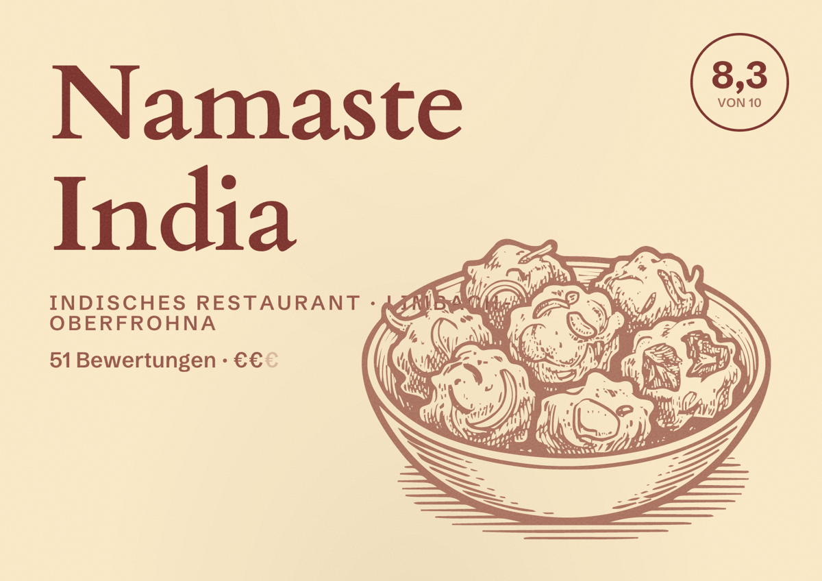 Illustriertes Poster von Namaste India, Indisches Restaurant in Limbach-Oberfrohna: Bewertung 8,3 von 10 aus 51 Bewertungen, Preisniveau €€