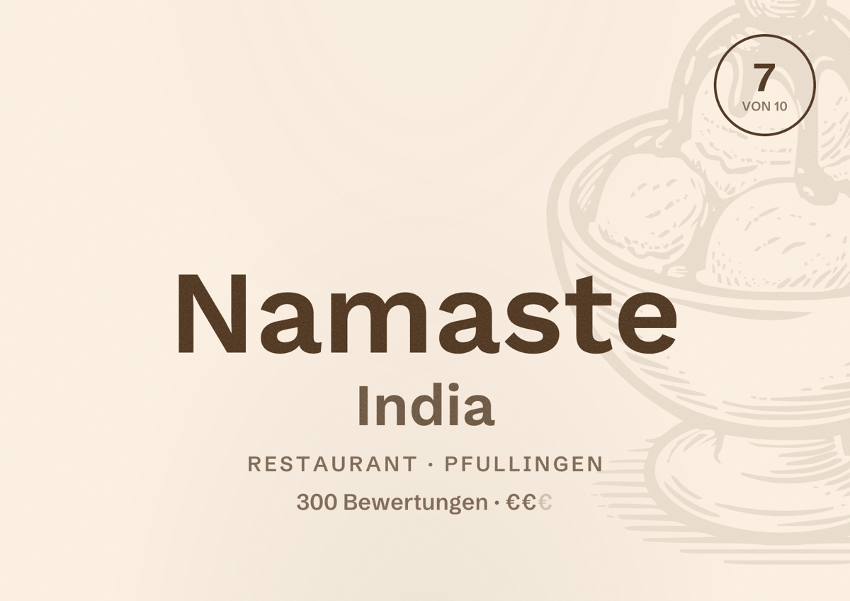 Illustriertes Poster von Namaste India, Restaurant in Pfullingen: Bewertung 7 von 10 aus 300 Bewertungen, Preisniveau €€