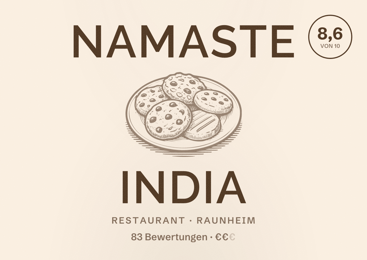 Illustriertes Poster von Namaste India, Restaurant in Raunheim: Bewertung 8,6 von 10 aus 83 Bewertungen, Preisniveau €€