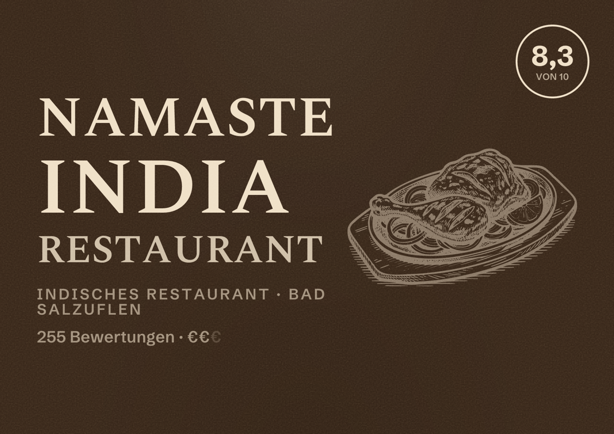 Illustriertes Poster von Namaste India Restaurant, Indisches Restaurant in Bad Salzuflen: Bewertung 8,3 von 10 aus 255 Bewertungen, Preisniveau €€