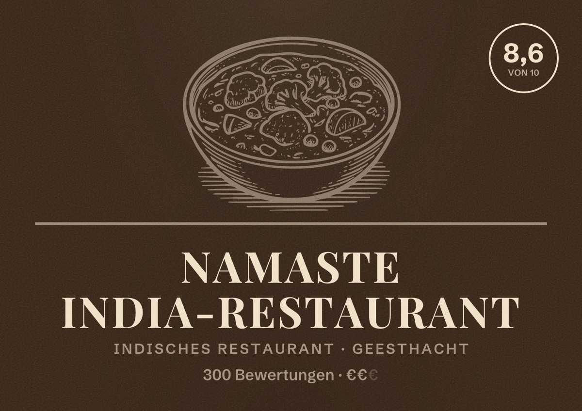 Illustriertes Poster von Namaste India-Restaurant, Indisches Restaurant in Geesthacht: Bewertung 8,6 von 10 aus 300 Bewertungen, Preisniveau €€