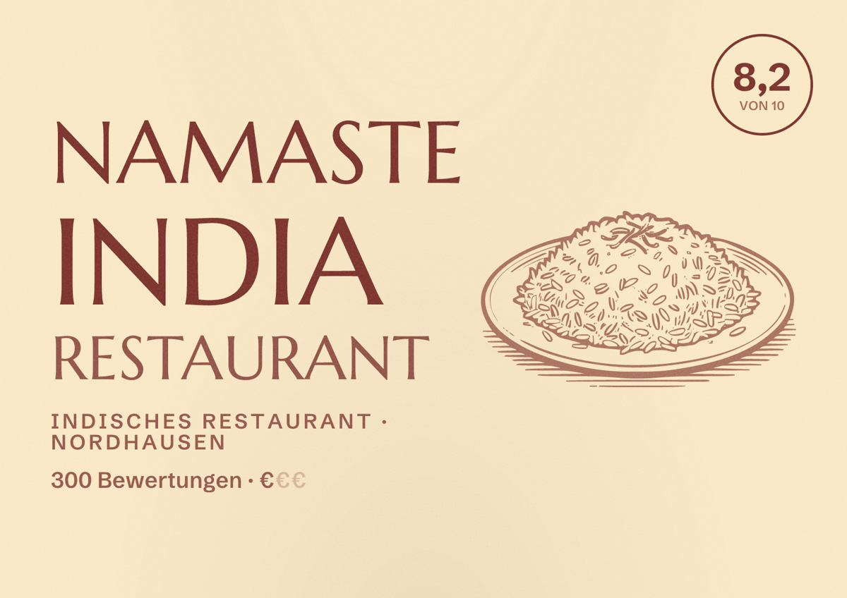 Illustriertes Poster von Namaste India Restaurant, Indisches Restaurant in Nordhausen: Bewertung 8,2 von 10 aus 300 Bewertungen, Preisniveau €