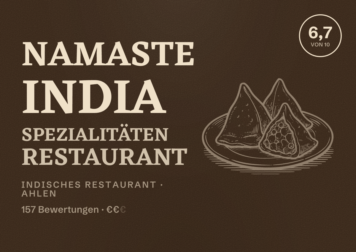 Illustriertes Poster von Namaste India Spezialitäten Restaurant, Indisches Restaurant in Ahlen: Bewertung 6,7 von 10 aus 157 Bewertungen, Preisniveau €€