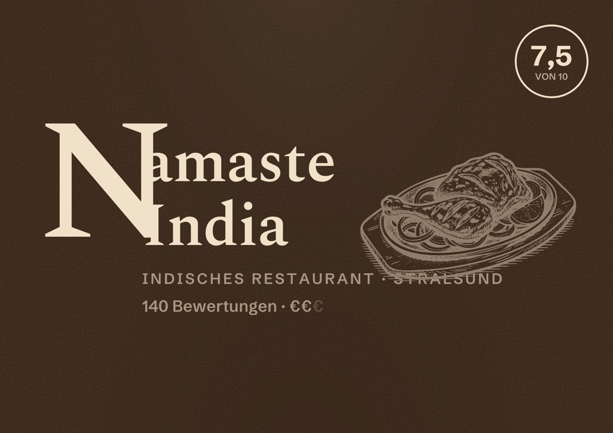 Illustriertes Poster von Namaste India, Indisches Restaurant in Stralsund: Bewertung 7,5 von 10 aus 140 Bewertungen, Preisniveau €€