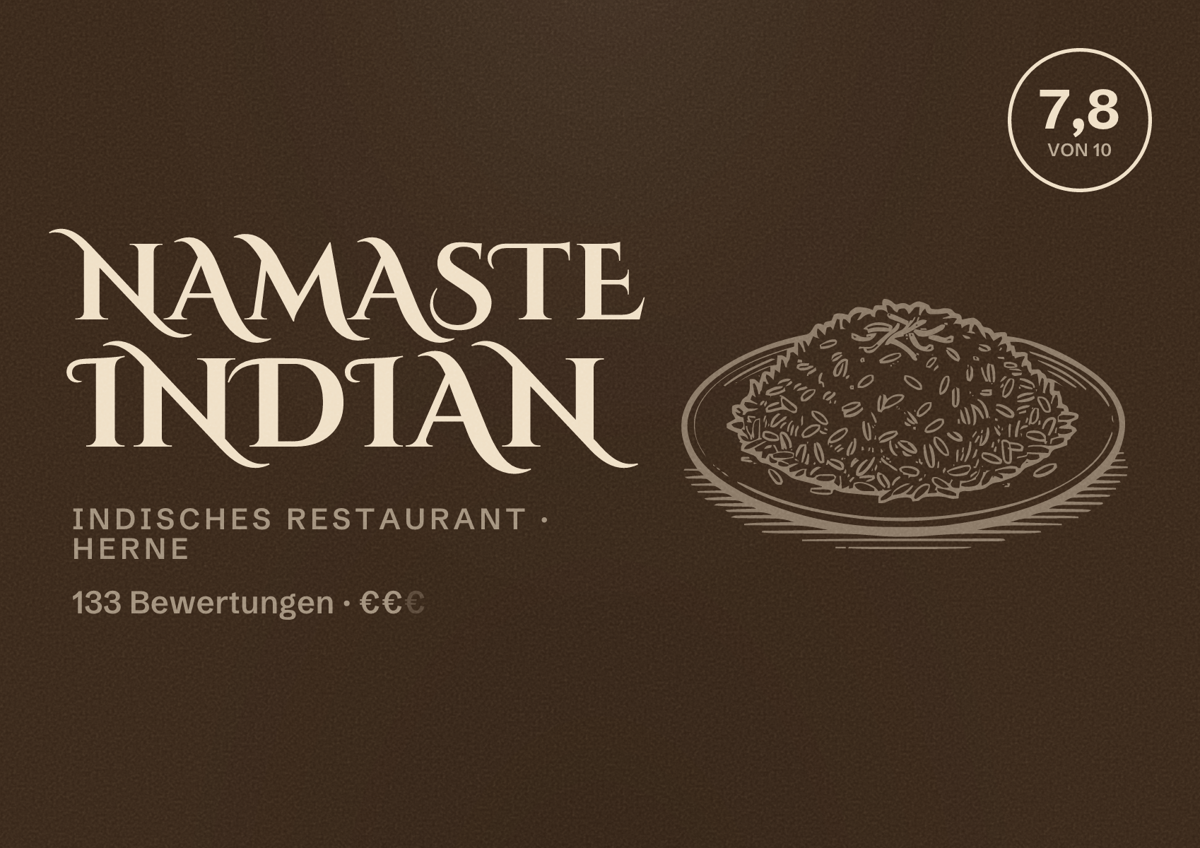 Illustriertes Poster von Namaste Indian, Indisches Restaurant in Herne: Bewertung 7,8 von 10 aus 133 Bewertungen, Preisniveau €€