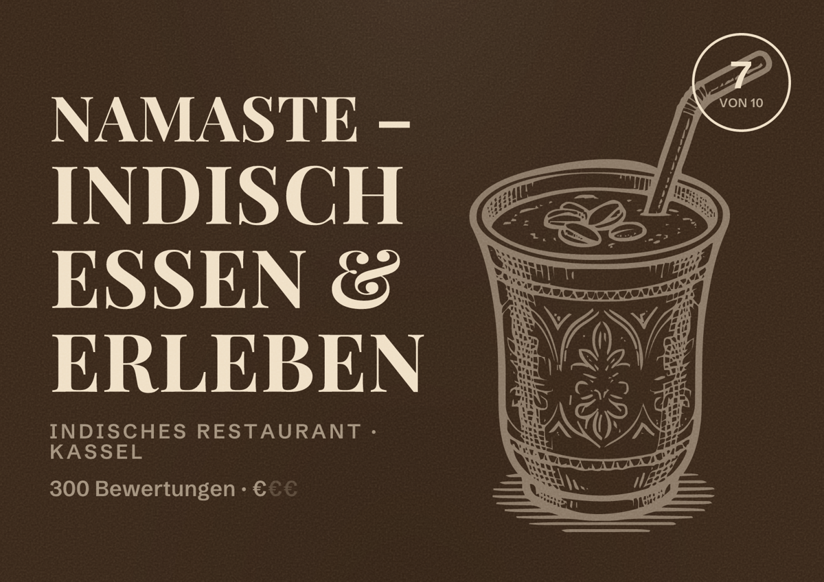 Illustriertes Poster von Namaste – Indisch Essen & Erleben, Indisches Restaurant in Kassel: Bewertung 7 von 10 aus 300 Bewertungen, Preisniveau €