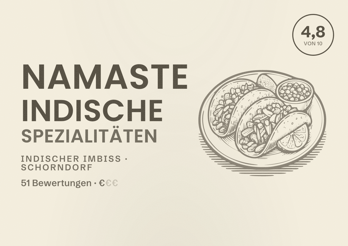 Illustriertes Poster von Namaste Indische Spezialitäten, Indischer Imbiss in Schorndorf: Bewertung 4,8 von 10 aus 51 Bewertungen, Preisniveau €