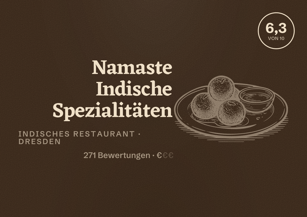 Illustriertes Poster von Namaste Indische Spezialitäten, Indisches Restaurant in Dresden: Bewertung 6,3 von 10 aus 271 Bewertungen, Preisniveau €