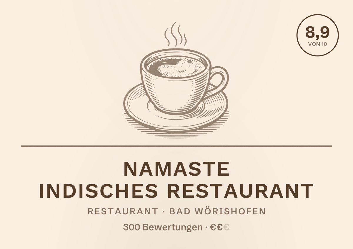 Illustriertes Poster von Namaste Indisches Restaurant, Restaurant in Bad Wörishofen: Bewertung 8,9 von 10 aus 300 Bewertungen, Preisniveau €€