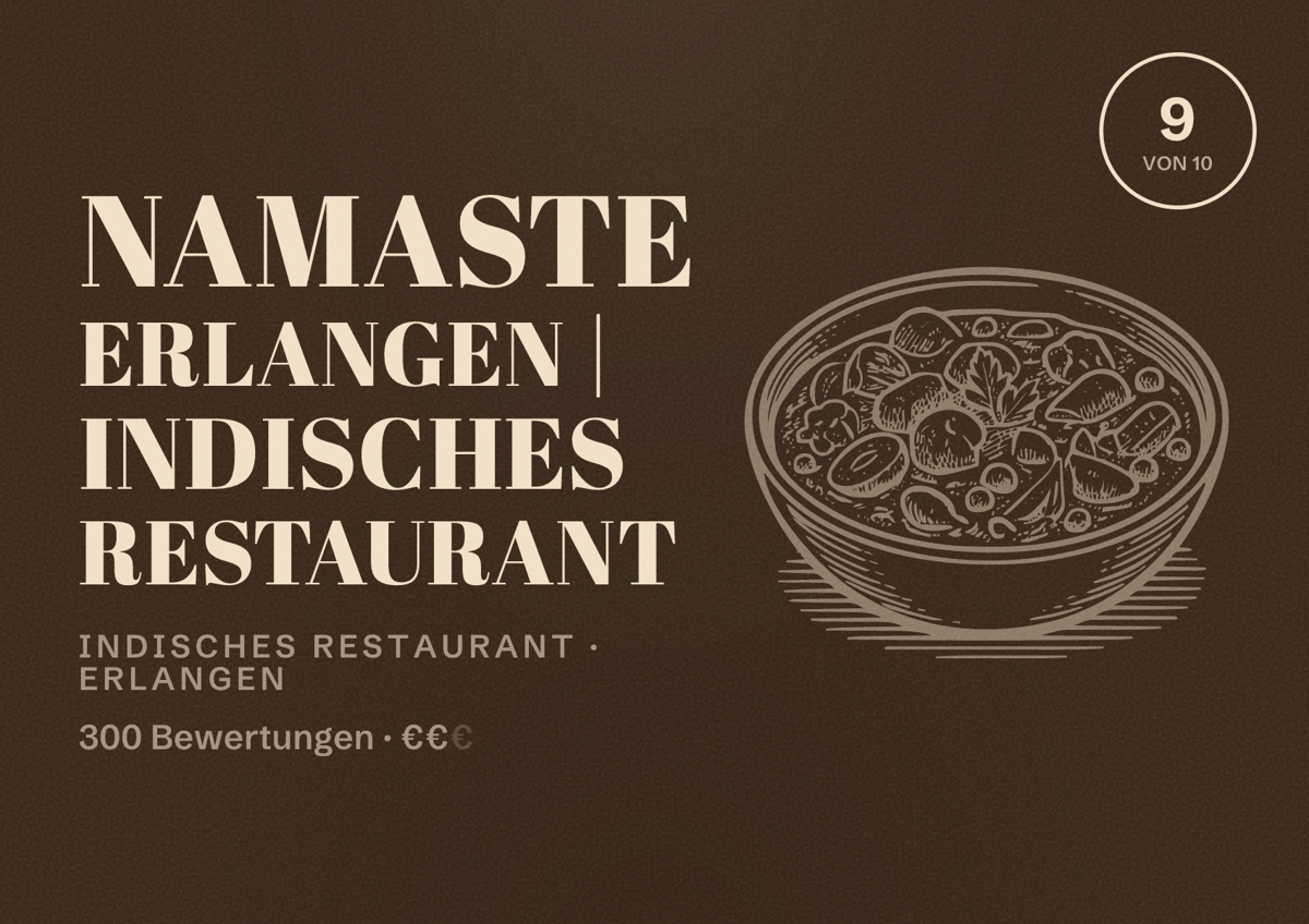 Illustriertes Poster von Namaste Erlangen | Indisches Restaurant, Indisches Restaurant in Erlangen: Bewertung 9 von 10 aus 300 Bewertungen, Preisniveau €€
