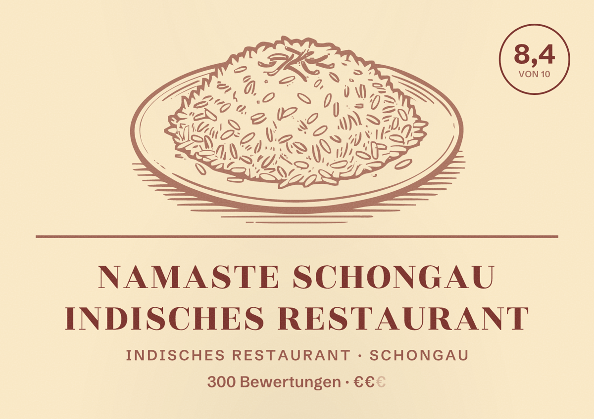 Illustriertes Poster von Namaste Schongau Indisches Restaurant, Indisches Restaurant in Schongau: Bewertung 8,4 von 10 aus 300 Bewertungen, Preisniveau €€