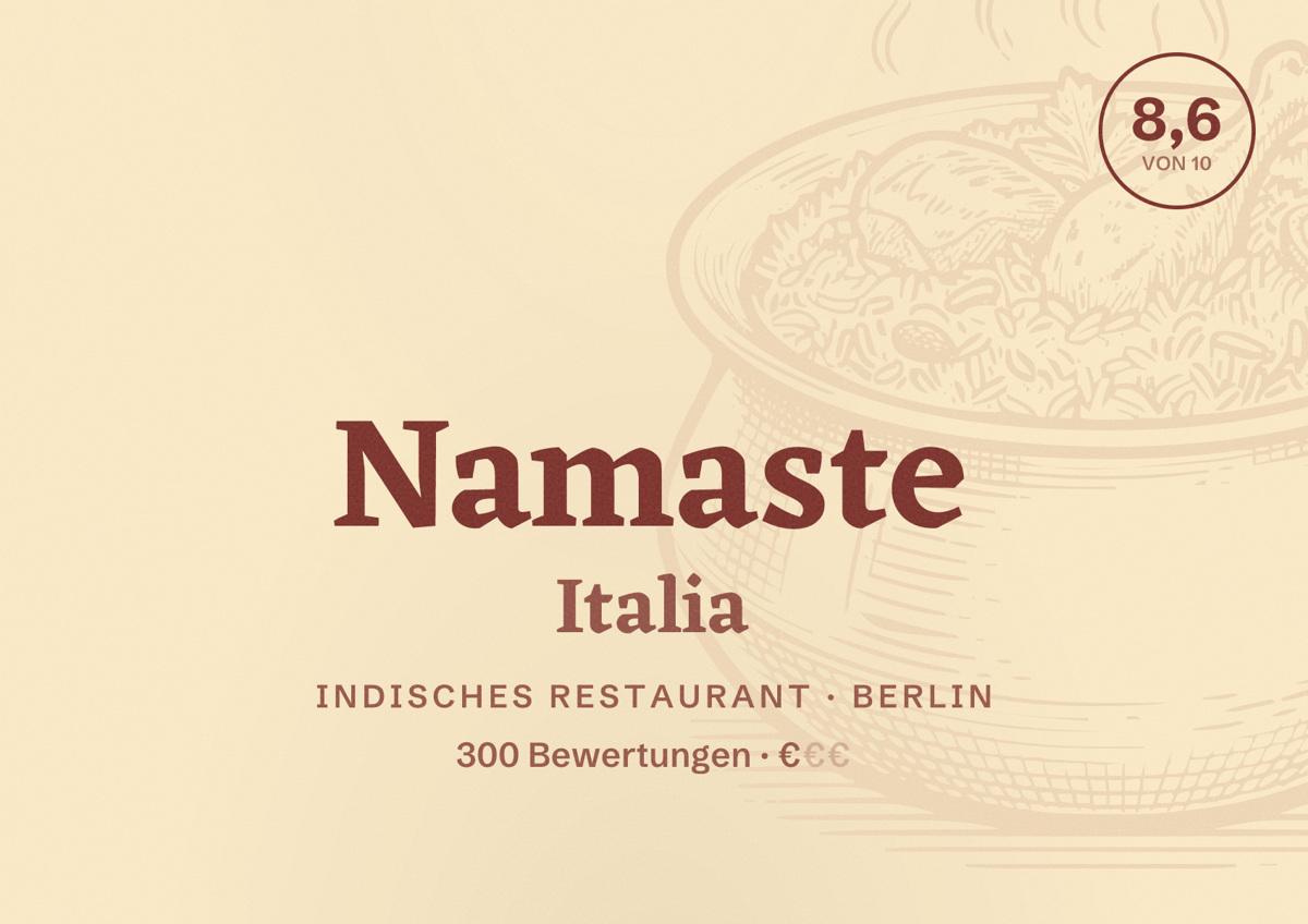 Illustriertes Poster von Namaste Italia, Indisches Restaurant in Berlin: Bewertung 8,6 von 10 aus 300 Bewertungen, Preisniveau €