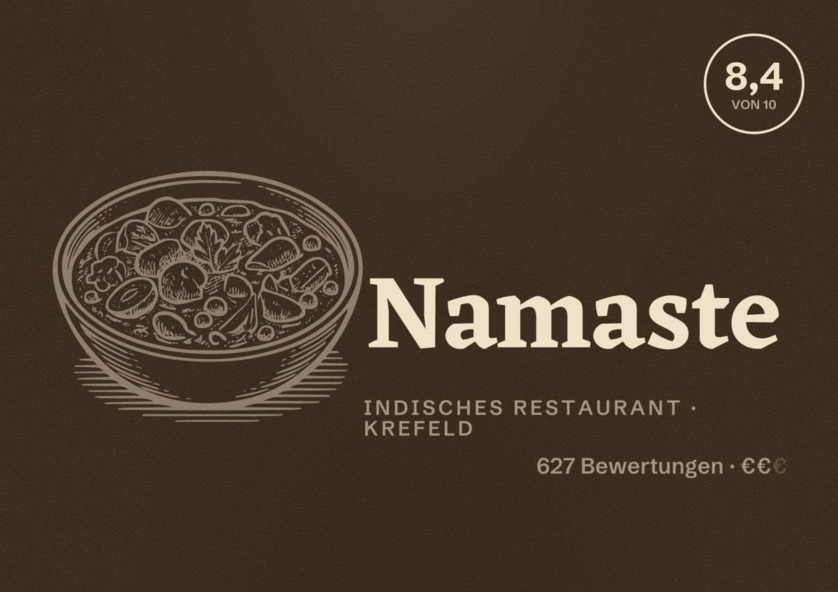 Illustriertes Poster von Namaste, Indisches Restaurant in Krefeld: Bewertung 8,4 von 10 aus 627 Bewertungen, Preisniveau €€