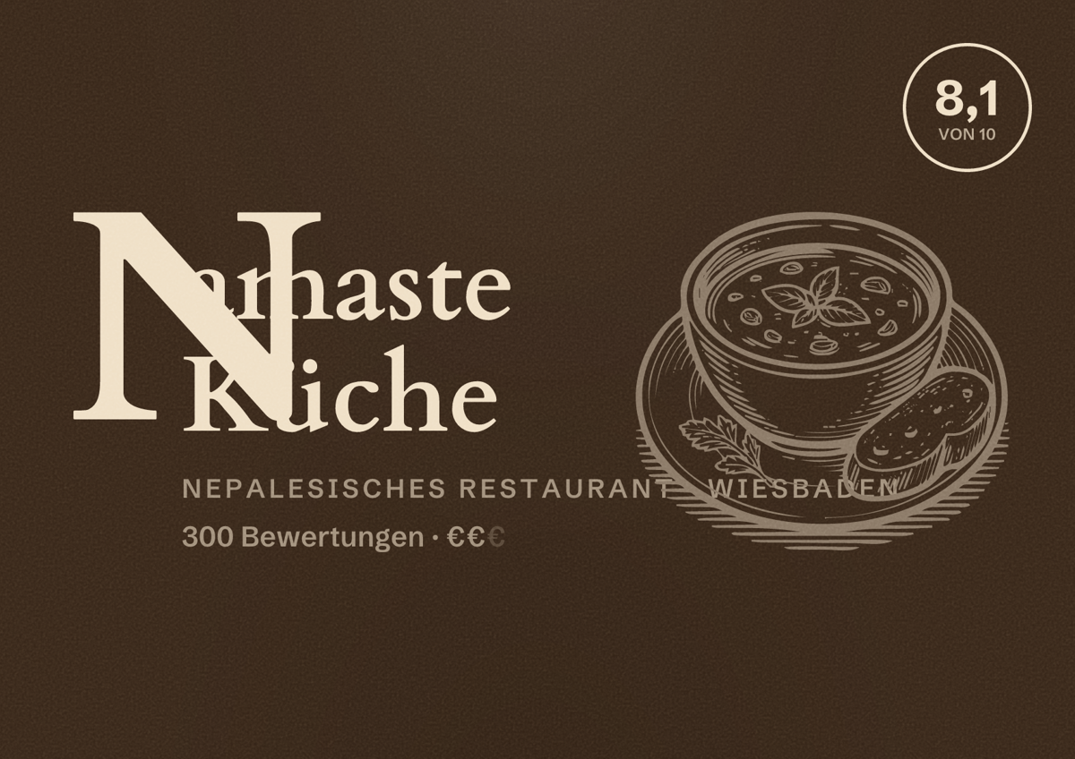 Illustriertes Poster von Namaste Küche, Nepalesisches Restaurant in Wiesbaden: Bewertung 8,1 von 10 aus 300 Bewertungen, Preisniveau €€