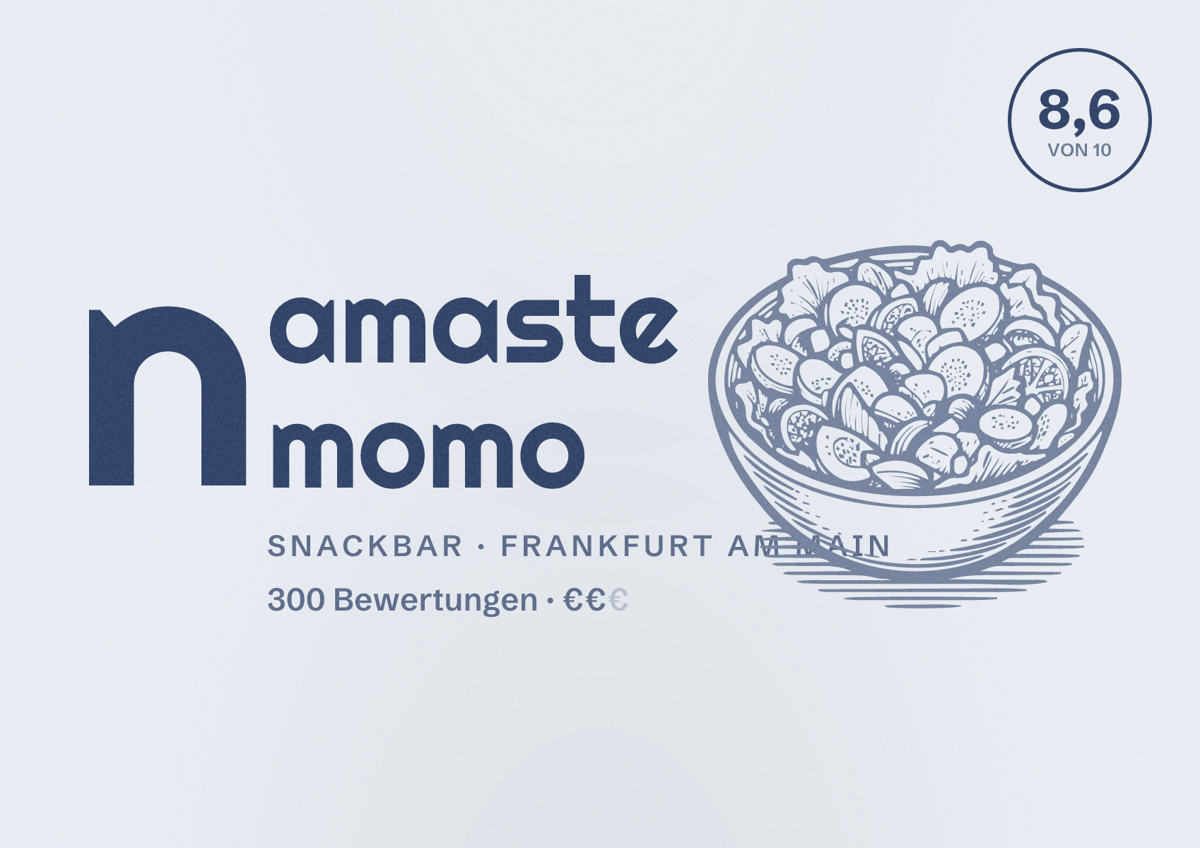 Illustriertes Poster von namaste momo, Snackbar in Frankfurt am Main: Bewertung 8,6 von 10 aus 300 Bewertungen, Preisniveau €€
