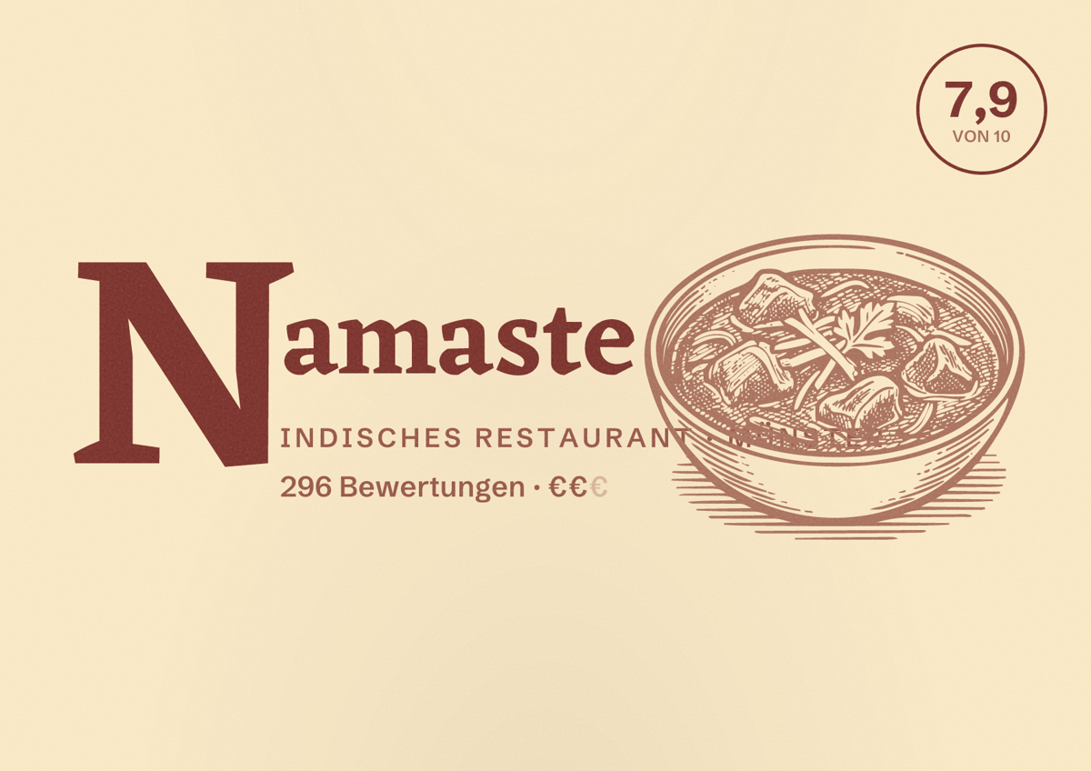 Illustriertes Poster von Namaste, Indisches Restaurant in Münster: Bewertung 7,9 von 10 aus 296 Bewertungen, Preisniveau €€