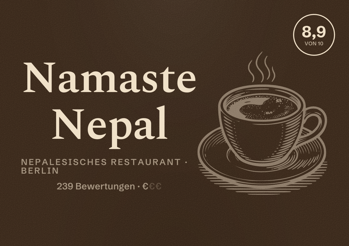 Illustriertes Poster von Namaste Nepal, Nepalesisches Restaurant in Berlin: Bewertung 8,9 von 10 aus 239 Bewertungen, Preisniveau €
