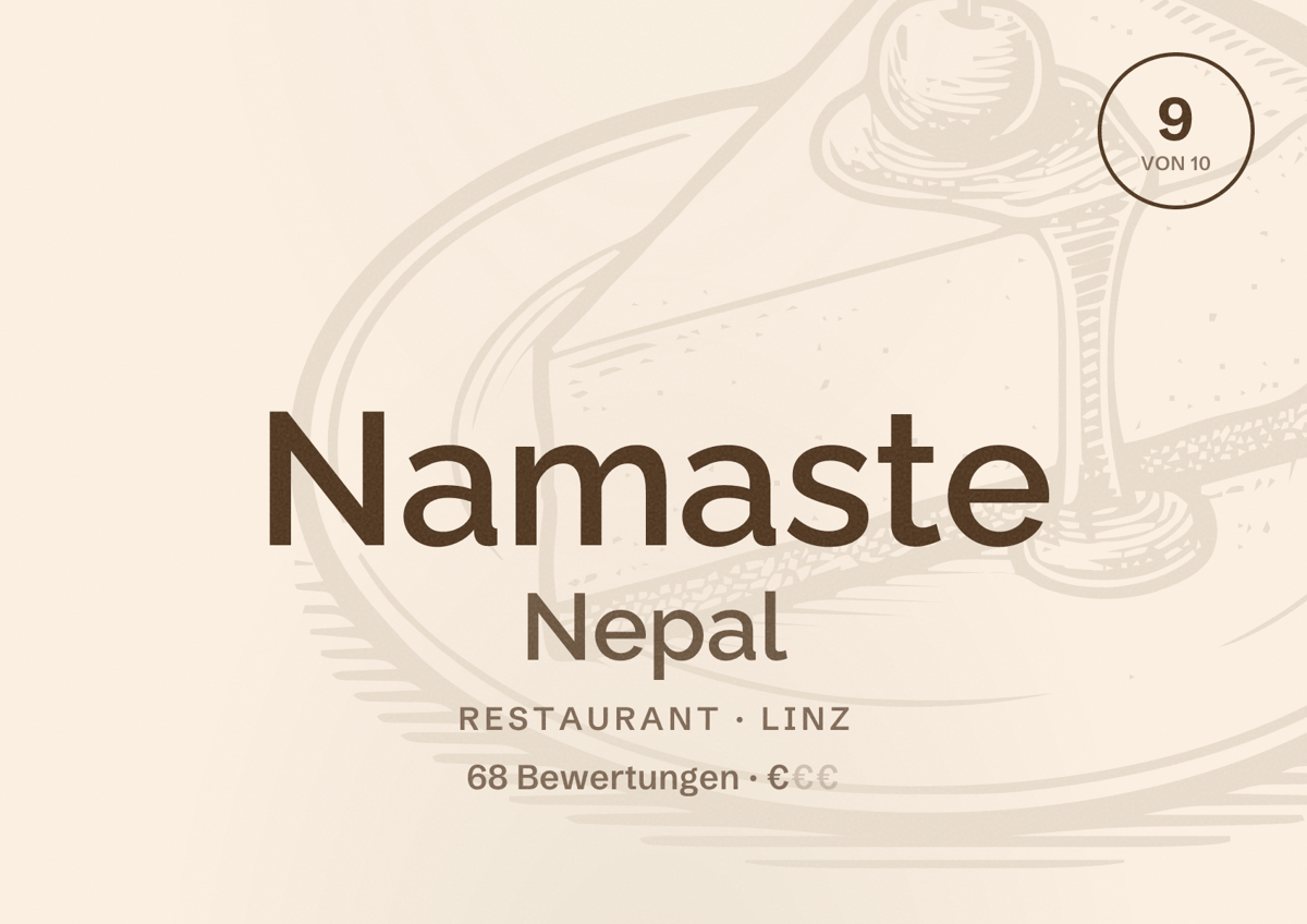 Illustriertes Poster von Namaste Nepal, Restaurant in Linz: Bewertung 9 von 10 aus 68 Bewertungen, Preisniveau €