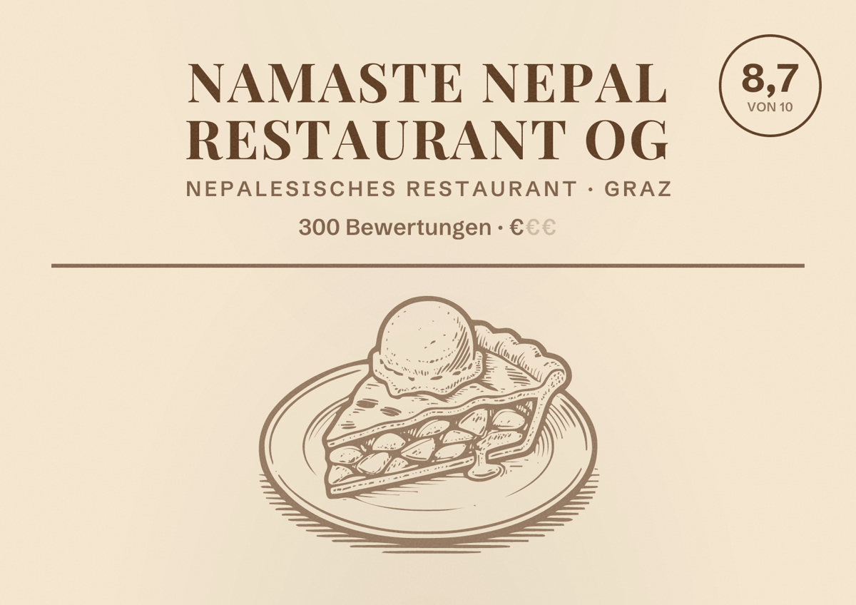 Illustriertes Poster von Namaste Nepal Restaurant OG, Nepalesisches Restaurant in Graz: Bewertung 8,7 von 10 aus 300 Bewertungen, Preisniveau €