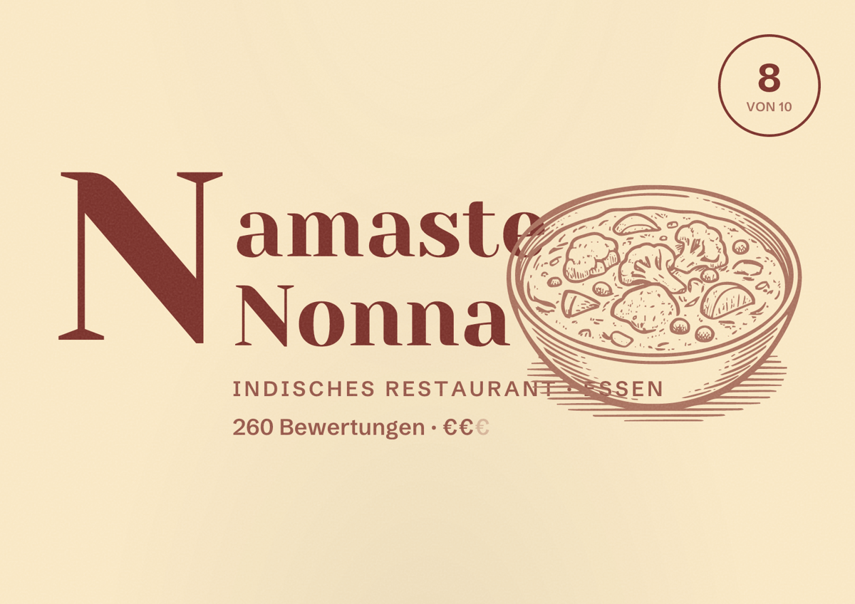 Illustriertes Poster von Namaste Nonna, Indisches Restaurant in Essen: Bewertung 8 von 10 aus 260 Bewertungen, Preisniveau €€