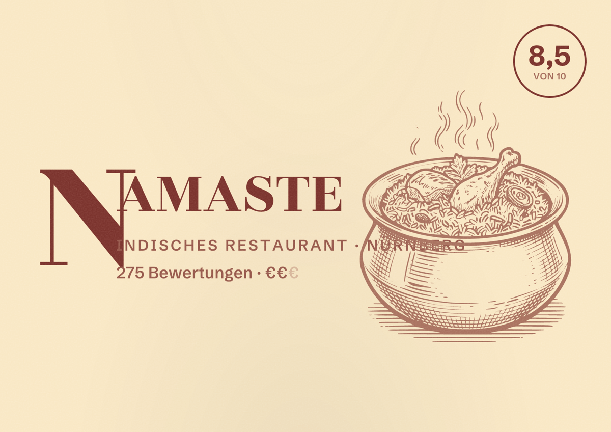 Illustriertes Poster von NAMASTE, Indisches Restaurant in Nürnberg: Bewertung 8,5 von 10 aus 275 Bewertungen, Preisniveau €€