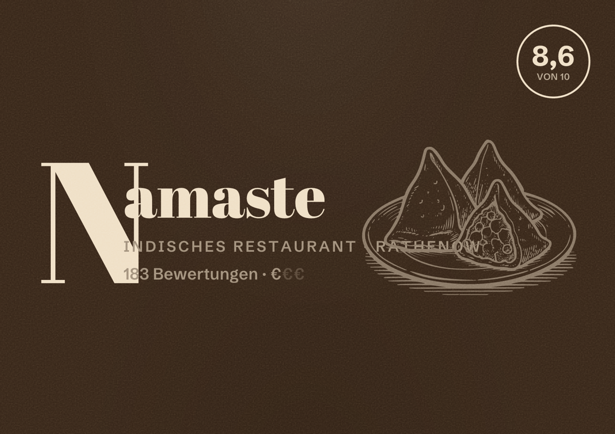 Illustriertes Poster von Namaste, Indisches Restaurant in Rathenow: Bewertung 8,6 von 10 aus 183 Bewertungen, Preisniveau €