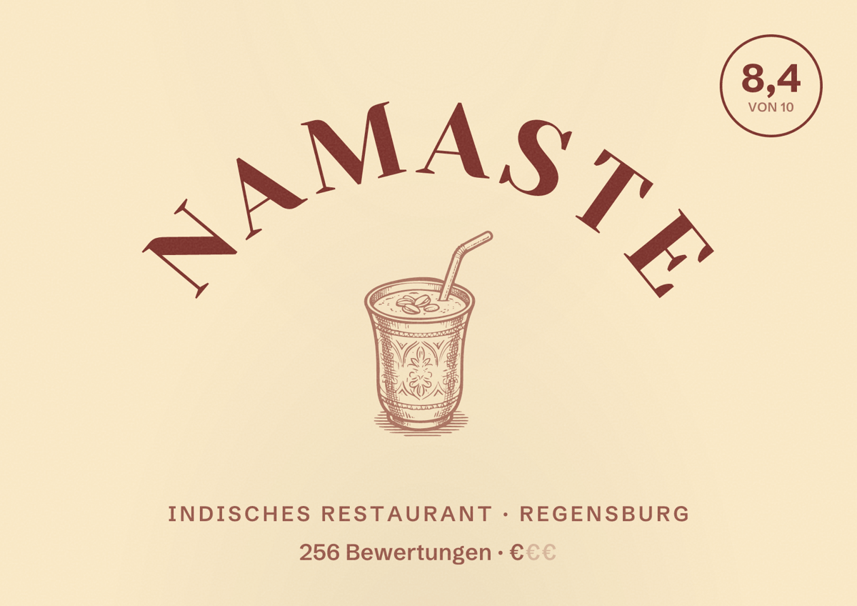 Illustriertes Poster von NAMASTE, Indisches Restaurant in Regensburg: Bewertung 8,4 von 10 aus 256 Bewertungen, Preisniveau €