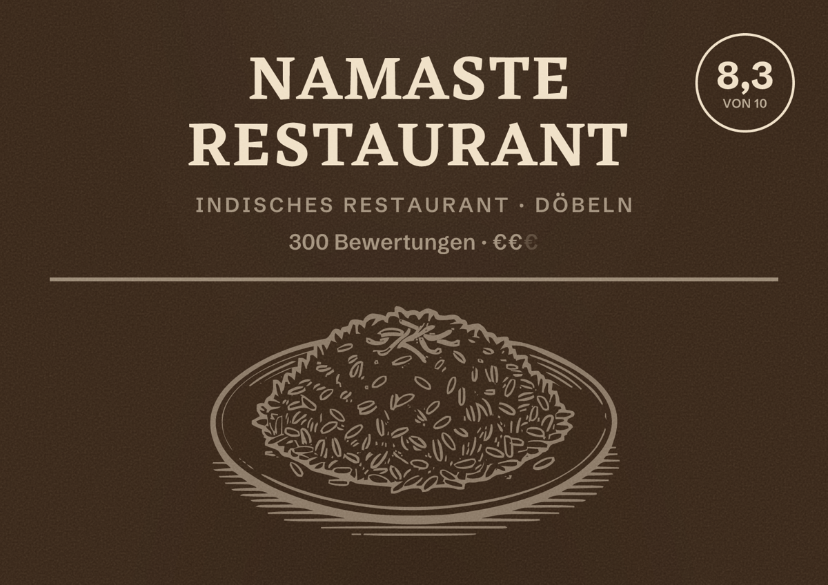 Illustriertes Poster von Namaste Restaurant, Indisches Restaurant in Döbeln: Bewertung 8,3 von 10 aus 300 Bewertungen, Preisniveau €€
