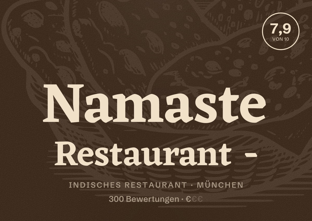 Illustriertes Poster von Namaste Restaurant -, Indisches Restaurant in München: Bewertung 7,9 von 10 aus 300 Bewertungen, Preisniveau €