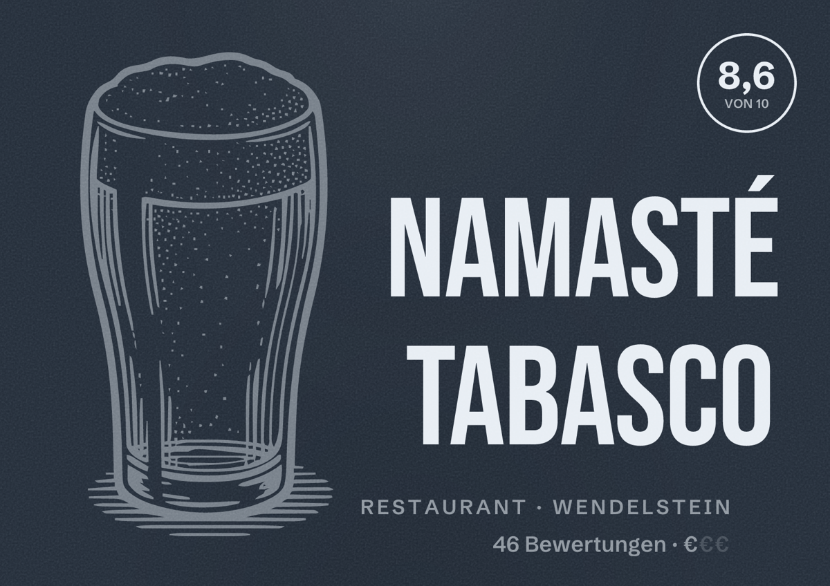 Illustriertes Poster von Namasté Tabasco, Restaurant in Wendelstein: Bewertung 8,6 von 10 aus 46 Bewertungen, Preisniveau €