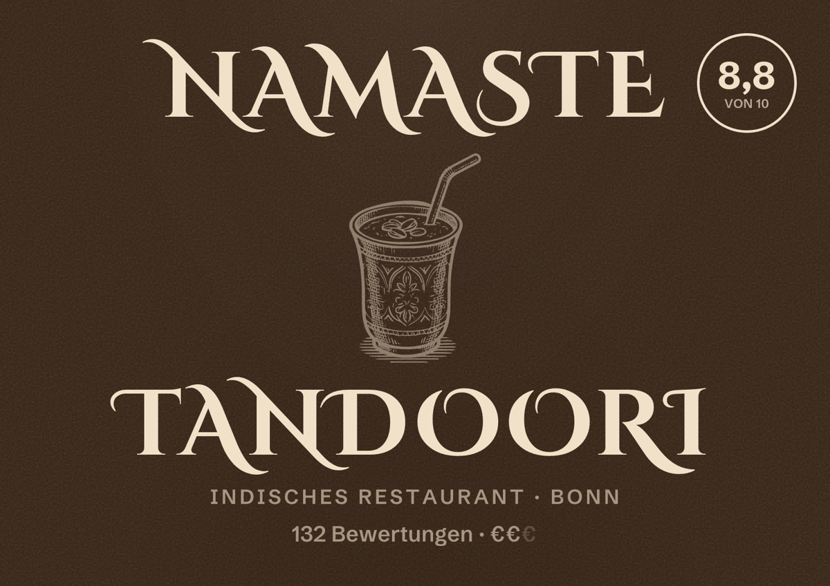 Illustriertes Poster von Namaste Tandoori, Indisches Restaurant in Bonn: Bewertung 8,8 von 10 aus 132 Bewertungen, Preisniveau €€