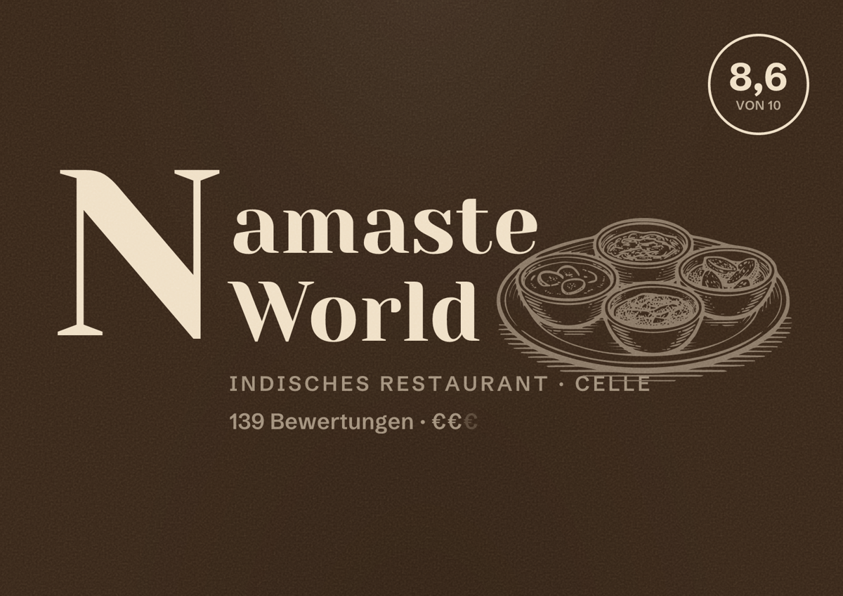 Illustriertes Poster von Namaste World, Indisches Restaurant in Celle: Bewertung 8,6 von 10 aus 139 Bewertungen, Preisniveau €€