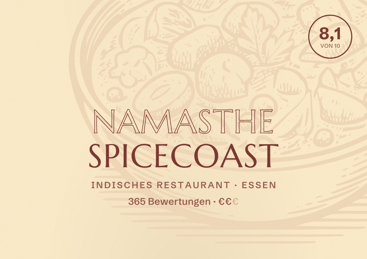 Illustriertes Poster von Namasthe SpiceCoast, Indisches Restaurant in Essen: Bewertung 8,1 von 10 aus 365 Bewertungen, Preisniveau €€