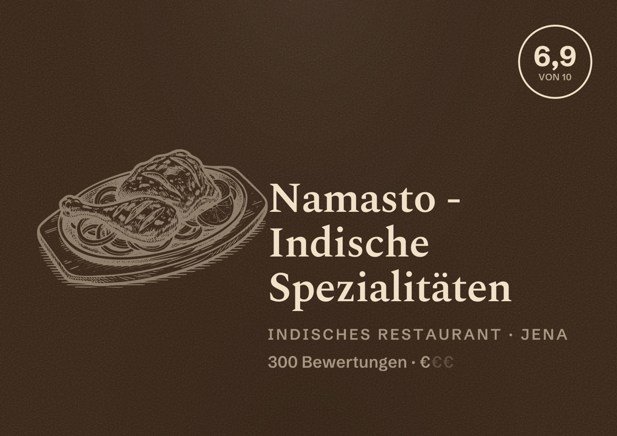 Illustriertes Poster von Namasto - Indische Spezialitäten, Indisches Restaurant in Jena: Bewertung 6,9 von 10 aus 300 Bewertungen, Preisniveau €