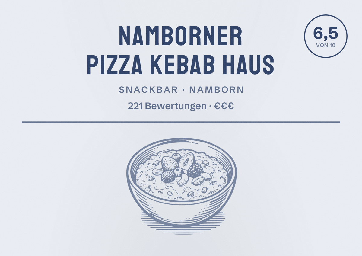 Illustriertes Poster von Namborner Pizza Kebab Haus, Snackbar in Namborn: Bewertung 6,5 von 10 aus 221 Bewertungen, Preisniveau €€€