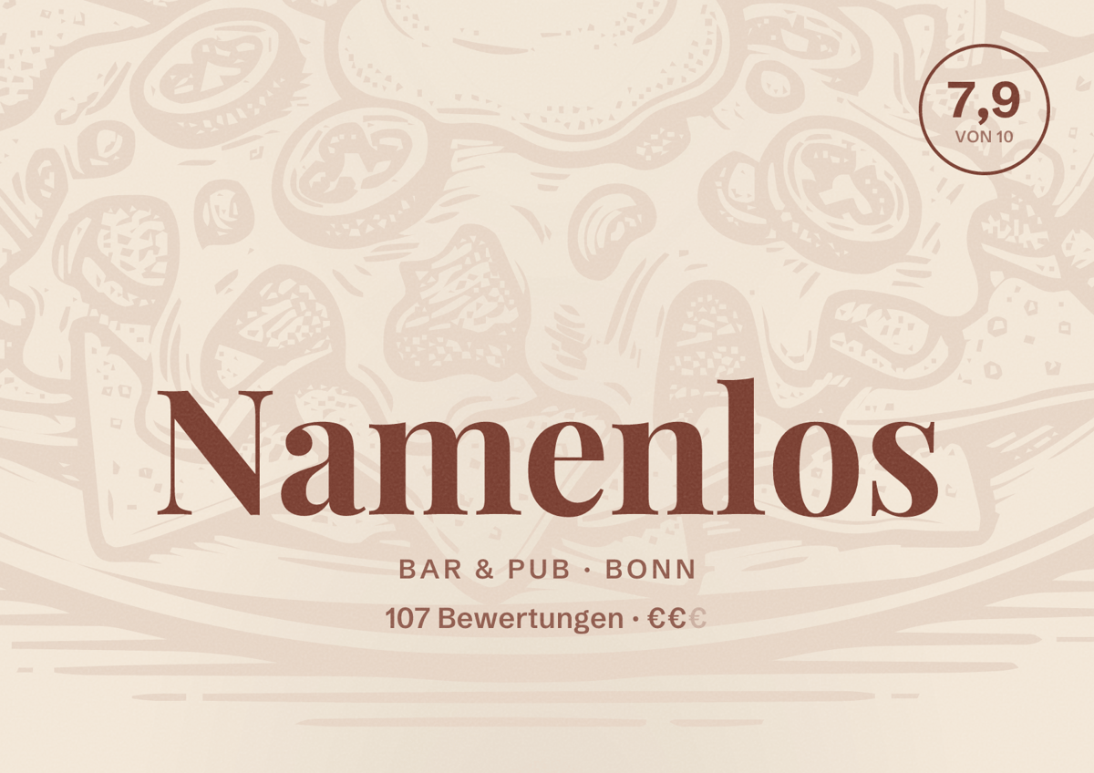 Illustriertes Poster von Namenlos, Bar & Pub in Bonn: Bewertung 7,9 von 10 aus 107 Bewertungen, Preisniveau €€