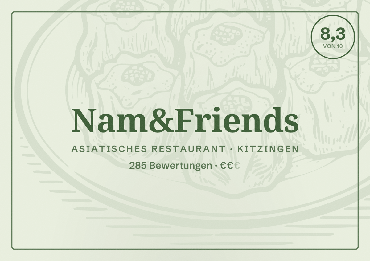 Illustriertes Poster von Nam&Friends, Asiatisches Restaurant in Kitzingen: Bewertung 8,3 von 10 aus 285 Bewertungen, Preisniveau €€