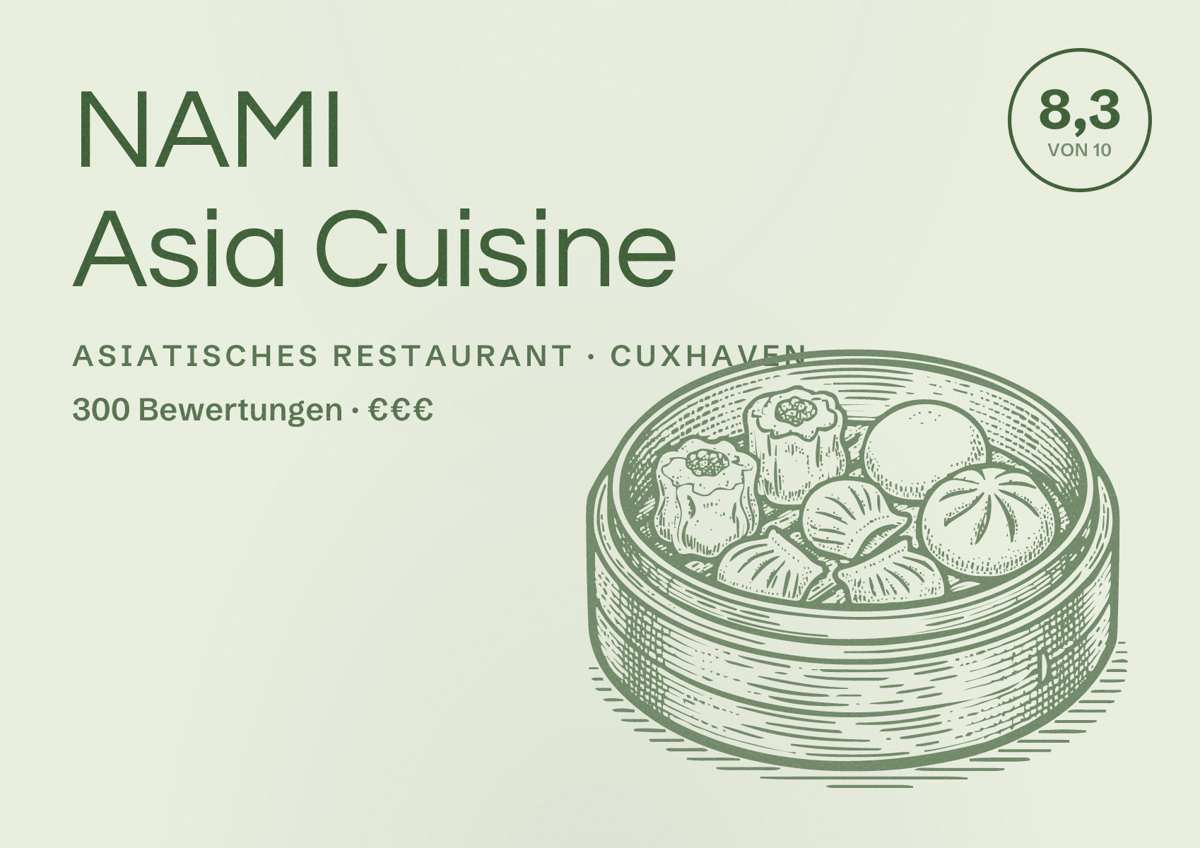 Illustriertes Poster von NAMI Asia Cuisine, Asiatisches Restaurant in Cuxhaven: Bewertung 8,3 von 10 aus 300 Bewertungen, Preisniveau €€€