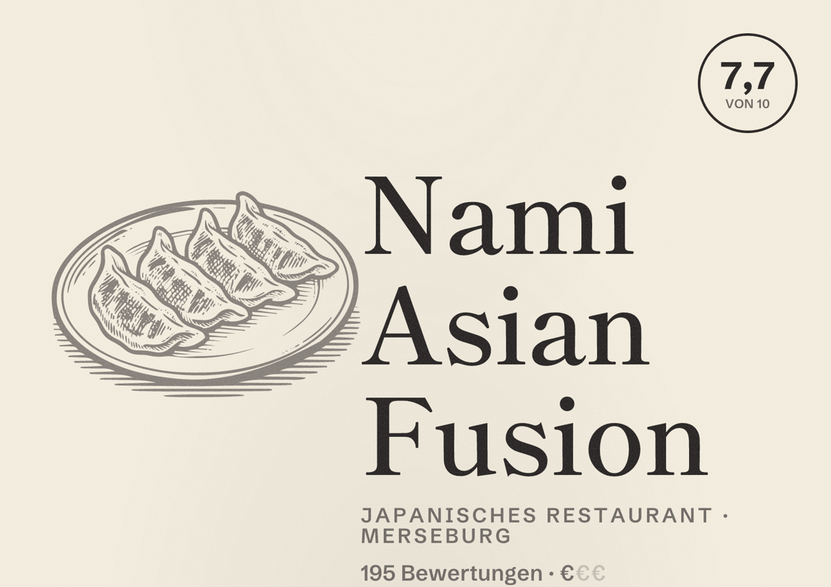 Illustriertes Poster von Nami Asian Fusion, Japanisches Restaurant in Merseburg: Bewertung 7,7 von 10 aus 195 Bewertungen, Preisniveau €