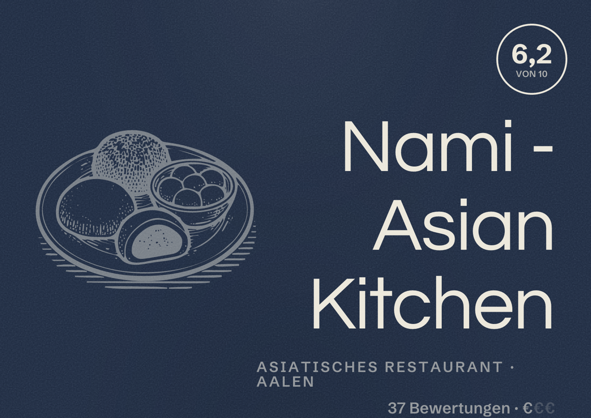 Illustriertes Poster von Nami - Asian Kitchen, Asiatisches Restaurant in Aalen: Bewertung 6,2 von 10 aus 37 Bewertungen, Preisniveau €